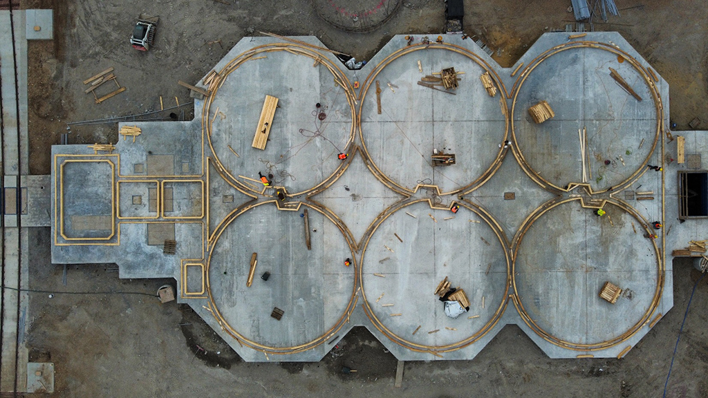 Overhead view that shows the shape and forms of entire structure